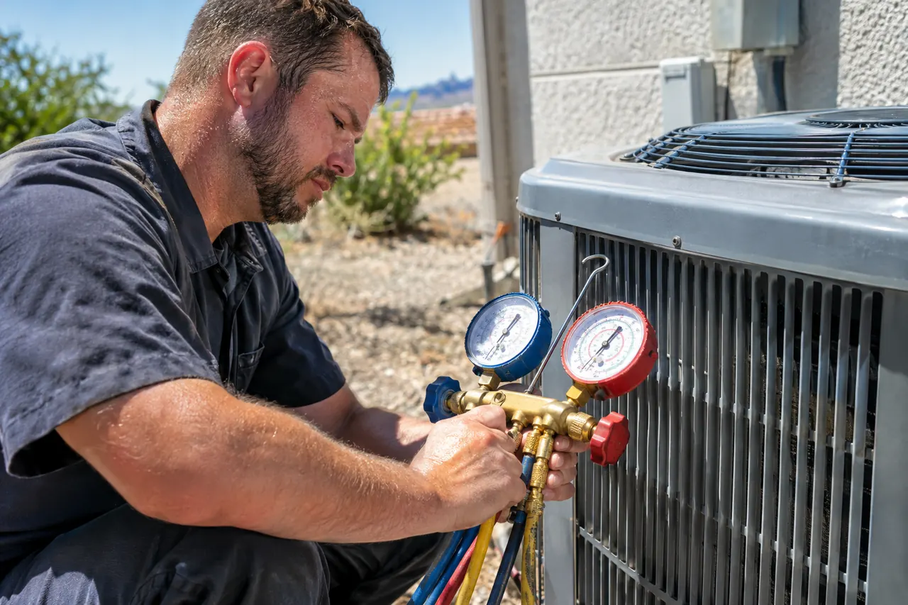 Technician reading refrigerant gauges on an outdoor air conditioner