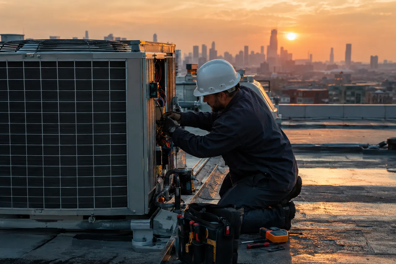 Technician repairing a rooftop unit above a city skyline