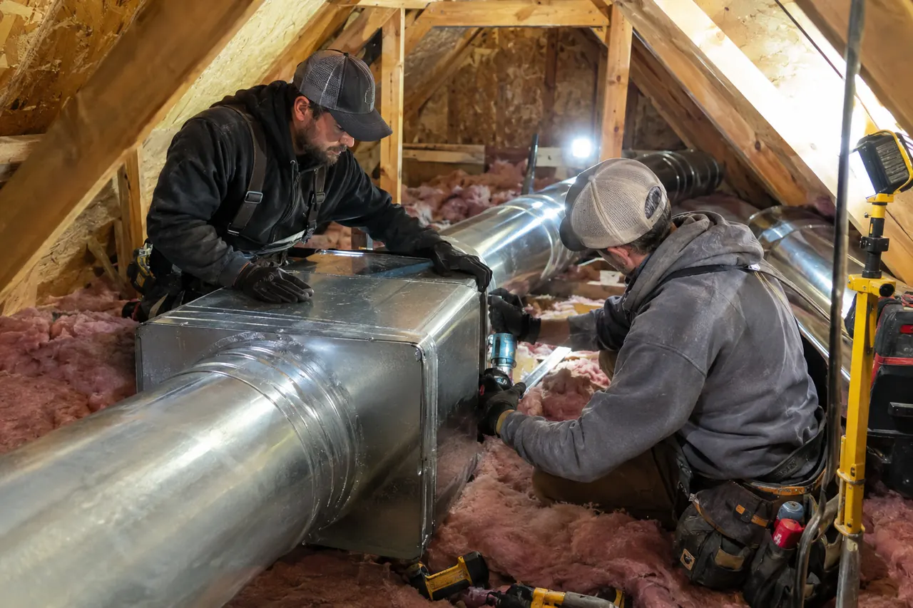 Two technicians installing insulated ductwork in an attic