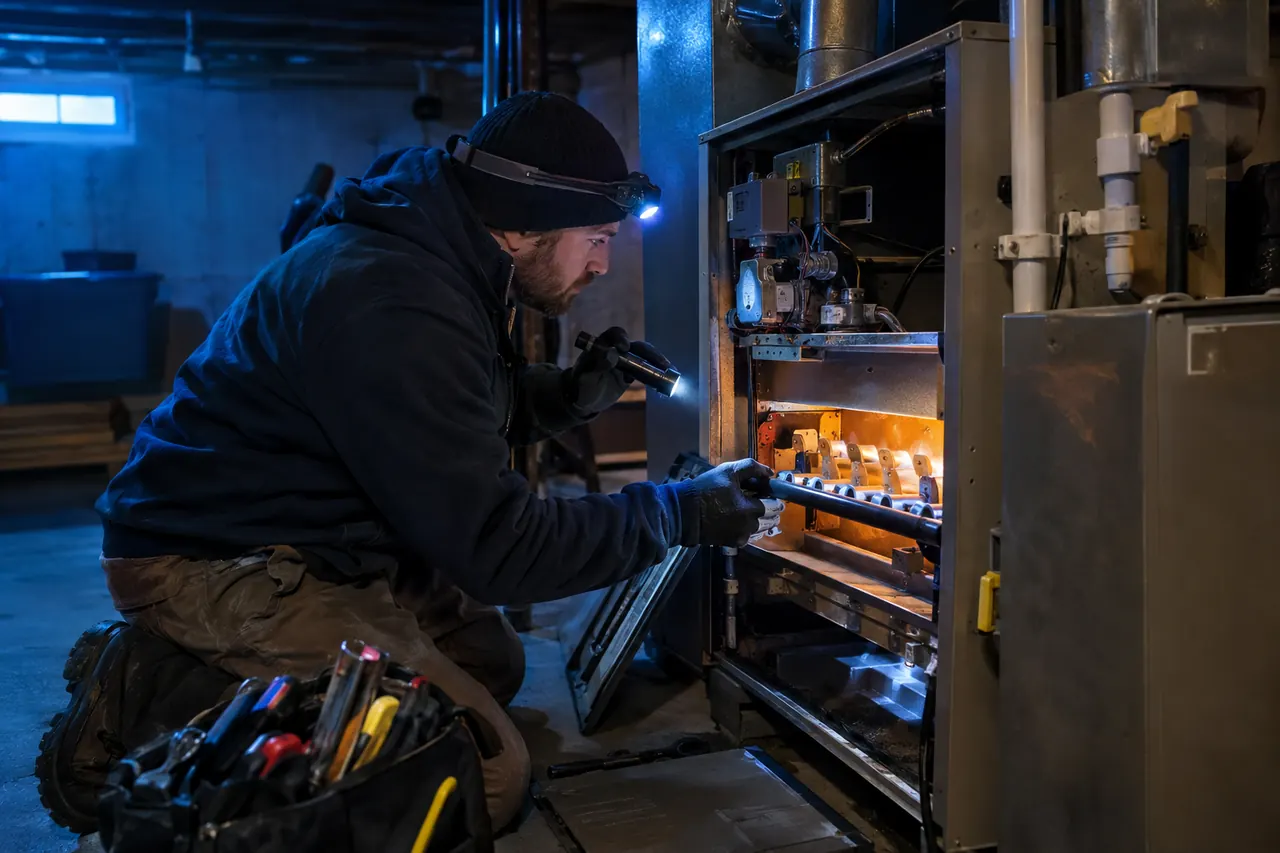 Technician servicing a furnace at night with a flashlight