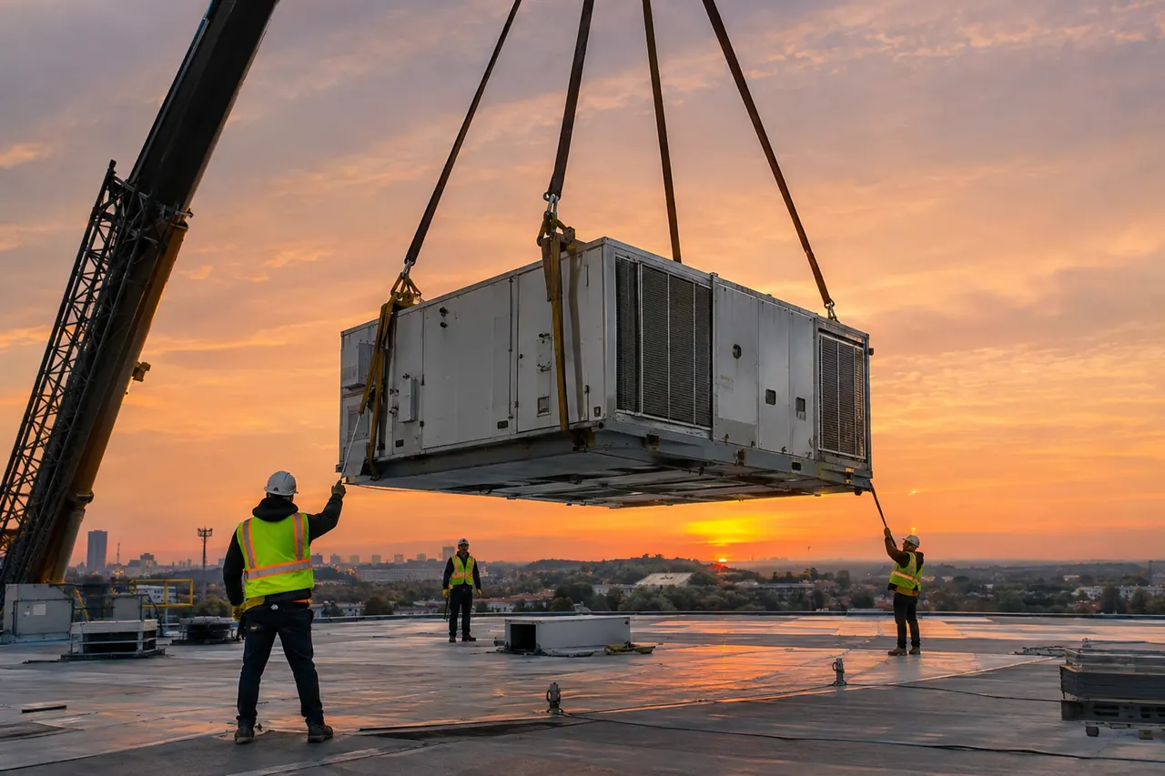 Crane lifting a rooftop HVAC unit at sunset