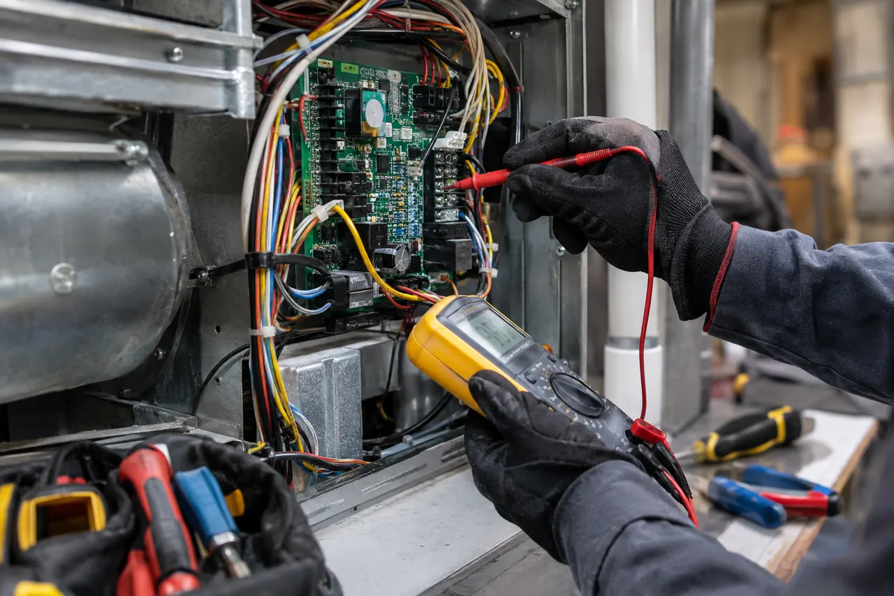 Technician testing a control board wiring with a multimeter