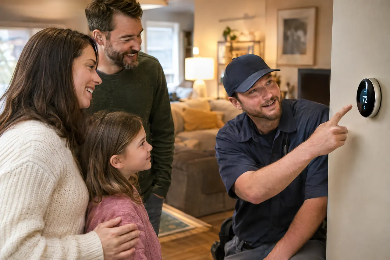 Smiling technician showing a family their smart thermostat