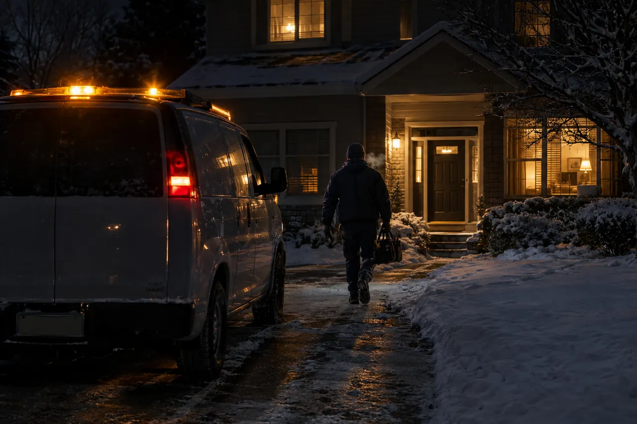 HVAC Team 6 technician arriving at a snowy home at night